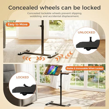 Aothia Small Standing Desk Rolling Table Adjustable Height, Laptop Mobile Stand with Wheels, Overbed Table, Portable Computer Workstation with Tiltable Desktop for Teacher Classroom Home Office, Brown - color: Brown