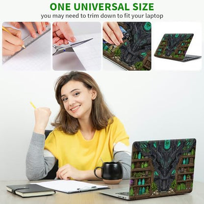 Laptop Skin Sticker Decal, Universal Protective Cover Fit 12 13 14 15.6 Inch Notebook, Reusable Water-Resistant Vinyl Decal w/ 2 Wrist Pads for Business Travel Office, Green Library Books - color: Green Library Books