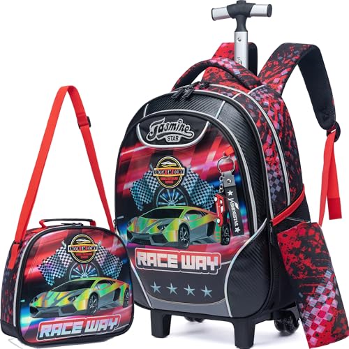 Meetbelify Kids Rolling Backpack with Wheels for Boys Rolling Backpacks with Lunch Box for Elementary School Students 3 in 1 Travel Luggage Carry on Suitcase for Boys Age 8-10 - color: 02 Black Car