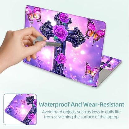 Universal Laptop Skin Decal, 3-Piece Vinyl Protector for 12 13 14 15.6" Notebook, Waterproof Anti-Scratch, Easy Trim & Bubble-Free Finish, Cross with Purple Rose - color: Cross with Purple Rose