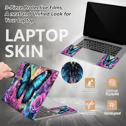 12.1”-15.6” Laptop Skin Sticker (Fits 13”, 13.3”, 14”, 15”, 15.4”) | Reusable Universal Protective Vinyl Art Decal Cover | Waterproof & Scratch-Resistant |Blue Butterfly Purple Rose Flower - color: Blue Butterfly Purple Rose Flower