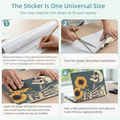 Universal Laptop Skin Decal, 3-Piece Vinyl Protector for 12 13 14 15.6" Notebook, Waterproof Anti-Scratch, Easy Trim & Bubble-Free Finish, Skeleton and Sunflowers - color: Skeleton and Sunflowers