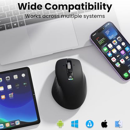Wireless Bluetooth Mouse, Multi-Device Ergonomic Mouse with 5 Programmable Buttons, 4-Way Metal Scroll Wheel,4800 DPI Adjustable, 18-Month Battery Life, Silent Click, for Laptop, PC, Mac - Black