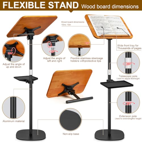 2 in 1 Dual-use Music Stand & Desktop Book Stand, Adjustable Height 16.5"-51", 100% Solid Wood Laptop Floor Stand Book Holder with Elastic Page Clips for Cookbooks (Brown with Tray) - color: Brown With Tray