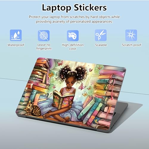 Universal Laptop Skin Sticker with 2 Wrist Pad Skins, Waterproof Scratch Resistant Vinyl Laptop Cover Decal, Cut to Fit for 11–15.6 Inch MacBook HP Dell Lenovo, Library Black Girl - color: Library Black Girl