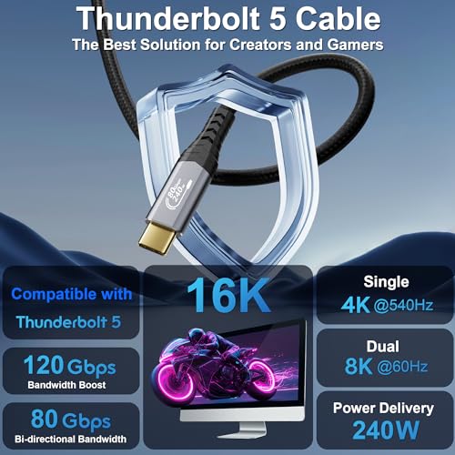[80Gbps,16K,240W Thunderbolt 5 Cable,USB4 Gen4 for Thunderbolt 4,16K@60Hz/Dual 8K@60Hz Video, 240W, for MacBook Pro,Hub,Dock,eGPU,Laptops,Display usbc to usbc Monitor Cable 6.6FT/2m - size: 6.6FT/2m