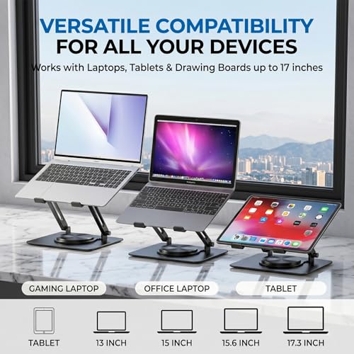 Laptop Stand for Desk with Dual Quiet Cooling Fans - 360° Rotating Base Ergonomic Computer Stand, Heavy-Duty Carbon Steel Laptop Riser Foldable Portable for Office Home (Black)