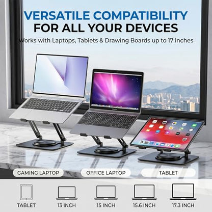 Laptop Stand for Desk with Dual Quiet Cooling Fans - 360° Rotating Base Ergonomic Computer Stand, Heavy-Duty Carbon Steel Laptop Riser Foldable Portable for Office Home (Black)