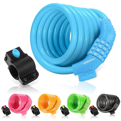 Etronic Bike Lock M6, Cable Lock 6 Feet Long Coiled Security Resettable Combo Combination Lock Bicycle Lock with Mounting Bracket - color: Blue