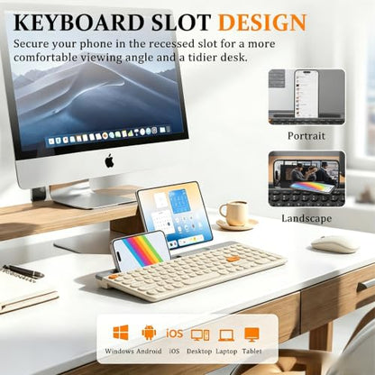 Bluetooth Keyboard Mouse Combo, Dual Multi-Device Wireless Keyboard with Phone Holder, Ultra-Compact 78-Key Layout, Quiet Keys & Rechargeable, for Windows PC Laptop (White) - color: White