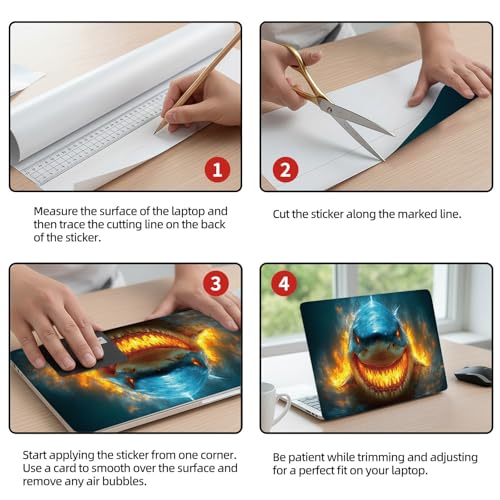 Universal Laptop Skin Sticker Decal, 12"-15.6" Aesthetic Vinyl Wrap, Shark Fire Water Attack Waterproof Notebook Cover Art Protector for MacBook HP Dell Lenovo, Fits 13" 14" 15" 15.6" - color: Shark Fire Water Attack