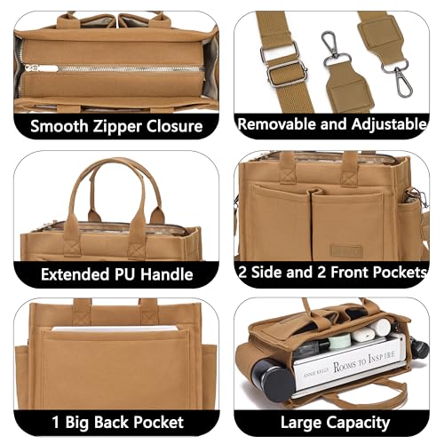 ZHMO Canvas Tote Bag for Women,Women's Bags Crossbody Bags Work Laptop Tote Bag Large Handbags Purse for Travel Nurse Teacher - color: New Upgrade Brown With Compartments and Side Cup Holders