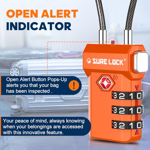 SURE LOCK TSA Approved Luggage Locks with Open Alert Indicator, 3 Digit Combination Cable Travel Lock for Suitcase, Backpack, Gym Locker, Toolbox, Carry On & Travel Bag - color: ORANGE 2 PACK
