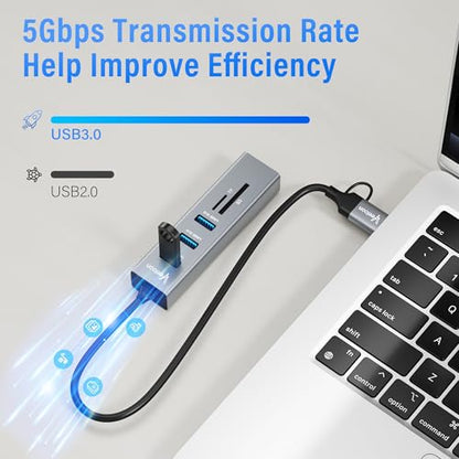 3-Port USB C 3.0 Hub Splitter with USB A Adapter, SD/TF OTG Card Reader, Portable 5 in 1 Multi Ports USB Expander for PC, Laptop, MacBook, Xbox, Flash Drive, HDD, Console,Camera