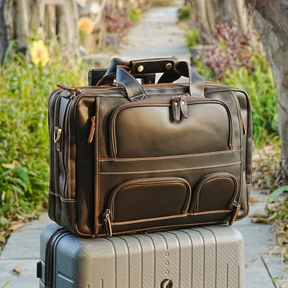 Polare Full Grain Cowhide Leather 17'' Laptop Large Briefcase for Men Business Messenger Bag Work Bag - color: Dark Brown