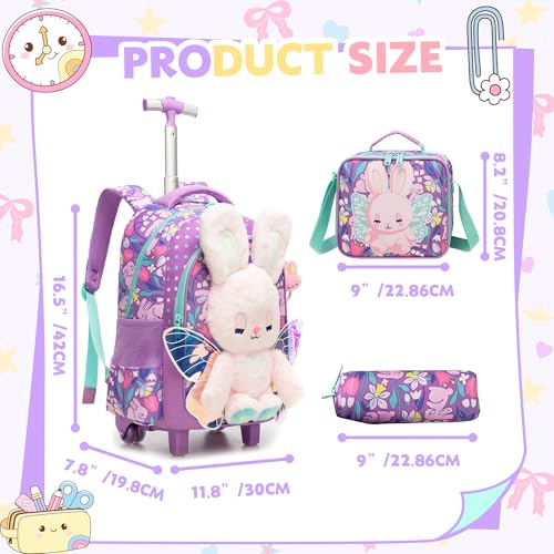 Meetbelify Rolling Backpack for Girls Backpacks with Wheels for Elementary Student Kids School Travel Bag for Girls Ages 6-8 Years Old - color: Purple Rabbit