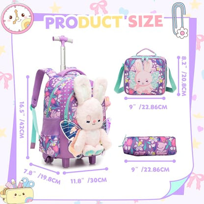 Meetbelify Rolling Backpack for Girls Backpacks with Wheels for Elementary Student Kids School Travel Bag for Girls Ages 6-8 Years Old - color: Purple Rabbit