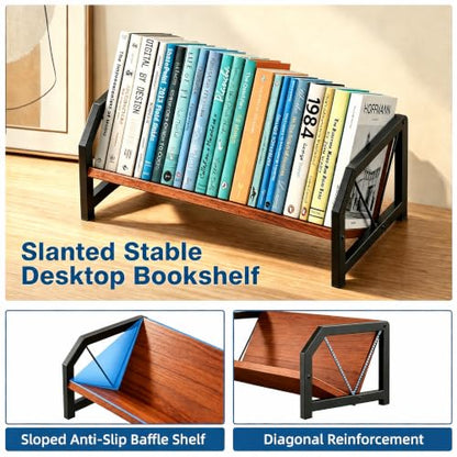 Desktop Bookshelf Organizer, Tilting Bookcase, Reddish Brown | Rustic Wood & Sturdy Metal Frame, Saves Desktop Space for Books/CDs/Magazine Display