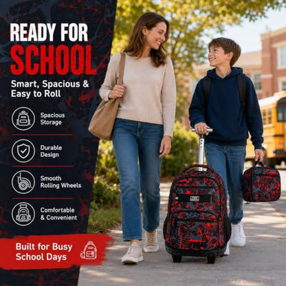 3Pcs Rolling Backpack for Boys, 19 Inche Adults Roller Bag with Wheels, Graffiti Wheeled Bookbag Set for Men(Red) - color: Graffiti Red