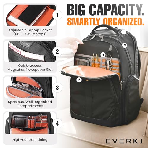 EVERKI Atlas Business Backpack with Laptop Compartment, Black - 32 Liters | Polyester, Durable, Adjustable Padded Pockets, Business, Travel - Friendly & Work, Water Repellent, Fits up 13\" to 17.3\" - size: 32 Liters