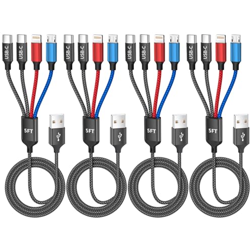 4Packs 5FT 4 in 1 Multi Charging Cable with 2 USB-C/IP/Micro USB Ports | USB Cable, Universal Phone Charger Cord for Multiple Devices, Travel Essentials Car Accessories for iPhone17-8, Android, More - color: Black&Red&Blue, size: 4Pack 5FT