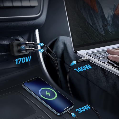 170W USB C Car Charger, Dual Port PD3.1 Adapter with LED Display & Cable | Dual Port Rapid Charging Hub (USB-C 140W, USB-A 30W), Cycling Data Monitor, Multi-Protection Chip, 3.3Ft 240W C to C Lead