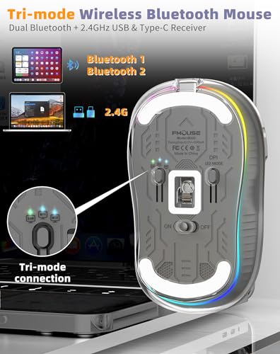 Bluetooth Wireless Mouse, Transparent RGB Tri-Modes Mouse,Bluetooth & 2.4GHz for Multi Device, USB-C Receiver Ideal for MacBook/Laptops, Rechargeable, Silent, Portable, Cool LED, Ergonomic - Grey - color: Grey