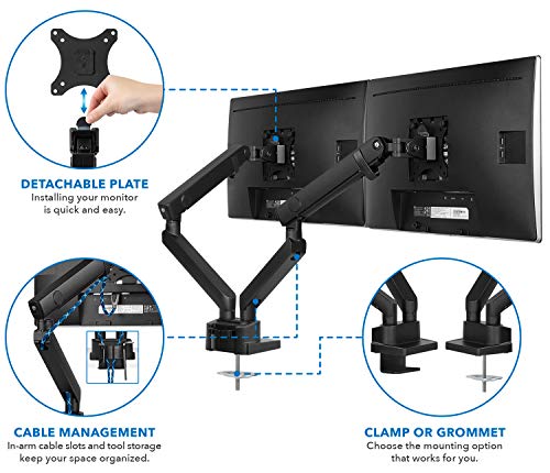Mount-It! Dual Monitor Arm Desk Stand, 24-32" Screens | Premium articulating spring arms with height adjustment, fits two VESA 75/100 screens, C-clamp & grommet.
