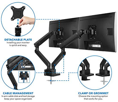 Mount-It! Dual Monitor Arm Desk Stand, 24-32" Screens | Premium articulating spring arms with height adjustment, fits two VESA 75/100 screens, C-clamp & grommet.