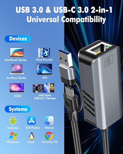 5gb USB to Ethernet Adapter - 5000Mbps USB-A & USB C to RJ45 Network Converter 5g Fast LAN Ethernet Dongle for MacBook Air/Pro, HP, XPS, Laptop, Surface, iPad, iPhone 17/16/15 and Android Phone - color: 5gb