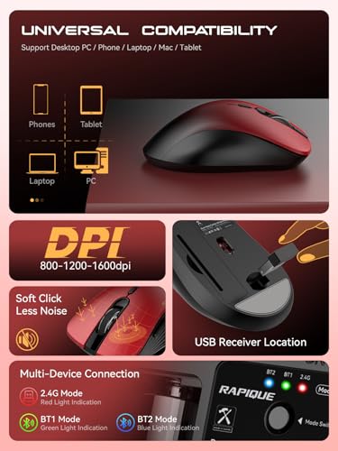 RAPIQUE Bluetooth Wireless Mouse - Dual Bluetooth & 2.4 GHz USB Receiver, Comfortable Grip, Quiet Clicks, Low Power - Multi-Device Compatibility for Laptop, Computer, iPad, MacBook (Gradient Red) - color: Gradient Red