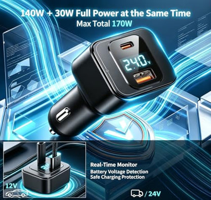 170W USB C Car Charger, PD3.1 140W + 30W Dual-Port Fast Charging Adapter with 240W USB-C Cable, Smart Digital Voltage/Power Display, 12V-24V for MacBook Pro/Air, iPhone 17/16, Galaxy S26/S25, iPad
