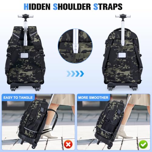 ACESAK Camo Rolling Backpack Boys, Tactical Kids Backpack Boys, Kids Suitcase for Boy Teens Elementary Middle High School, Military Backpack with Wheels and Lunch Bag Pencil Case Set (Camo Black) - color: Camo Black