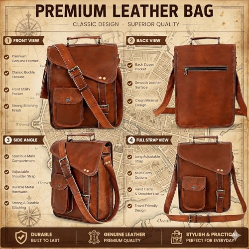 Leather Satchel Tablet Bag Laptop Case Office Briefcase Messenger Gift for Men Computer Distressed Shoulder Bag - size: 15 inch