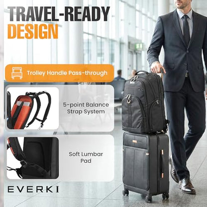 EVERKI Atlas Business Backpack with Laptop Compartment, Black - 32 Liters | Polyester, Durable, Adjustable Padded Pockets, Business, Travel - Friendly & Work, Water Repellent, Fits up 13\" to 17.3\" - size: 32 Liters