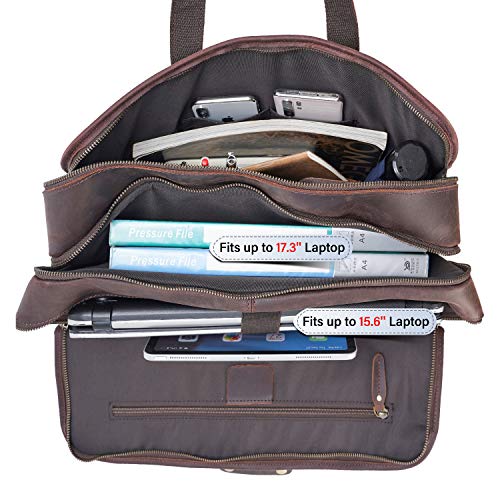 Men's Full Grain Leather Briefcase Large 17 Inch Business Travel Laptop Messenger Bag Tote with YKK Metal Zippers - color: Dark Brown