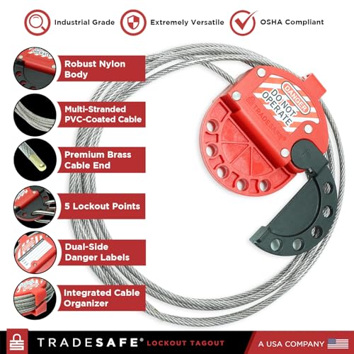 TRADESAFE Lockout Tagout Adjustable Cable Lock - 10 ft Steel Cable Lock | Uv-resistant Pvc-coated Steel Cable, Non-conductive Nylon Body, Secures With Up To 5 Loto Padlocks - style: 10 ft