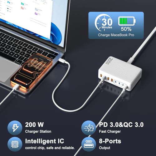 200W GaN 8-Port USB C Charging Station, PD 65W Multi-Device Charger | Fast charging for laptops, smartphones and tablets with compact design and organized desktop setup. - color: White