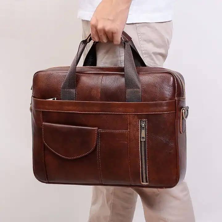 Genuine Leather Business Briefcase Laptop Handbag, Crossbody, Premium Quality, Spacious Design, Versatile Carrying Options - color: Brown
