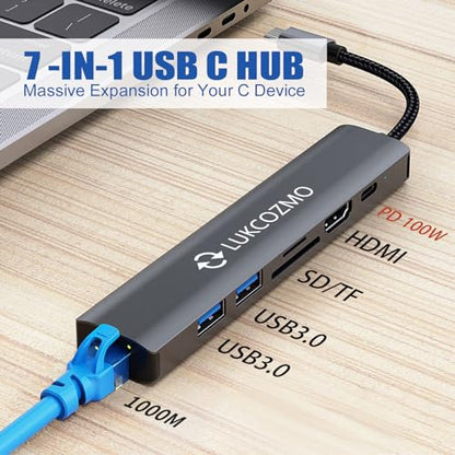 7-in-1 USB C Hub Docking Station with 4K HDMI Port & Ethernet | 4K HDMI 1G Gigabit Ethernet 100W PD Charging 2 USB 3.0 Ports SD/TF Card Reader, for MacBook/Dell/HP/Surface/Lenovo/Steam Deck - color: Dark gray