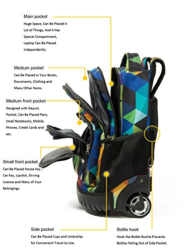 Tilami Rolling Backpack Armor Luggage School Travel Book Laptop 18 Inch Multifunction Wheeled Backpack Students - color: Blue Geometric