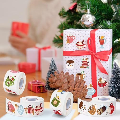 CNhoqc Christmas Cocoa Sticker Roll - 2000 Pcs Winter Hot Cocoa Mug Marshmallow Waterproof Vinyl Decal Reusable Laptop Sticker Scrapbook Water Bottle Junk Journal Party Supplies Skateboard Travel Case - style: Christmas Cocoa 4-Rolls