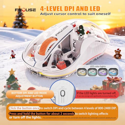 FMOUSE Transparent Wireless Mouse, Tri-Mode Bluetooth 5.1 & 2.4GHz, USB-A & USB-C Receiver, Silent Rechargeable RGB, 3 Devices for MacBook Laptop iPad PC, Pure White Edition — White - color: White - Christmas Special Edition
