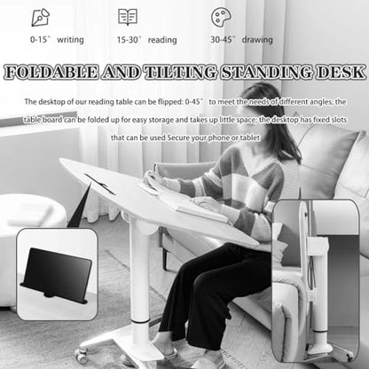Height Adjustable Desk Conference Room Lift Speech Sit Stand Desk, School Mobile Podium with Rollers, Foldable Tilting Desktop Side Table, Fixed Slot and Fence(White) - color: White