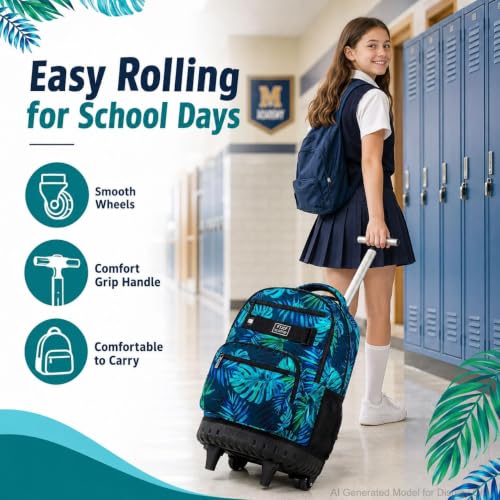 3Pcs Rolling Backpack for Men, 19 Inche Adult Bag with Roller Wheels, Wheeled Bookbag Set for Boys - Green - color: Leaf Green