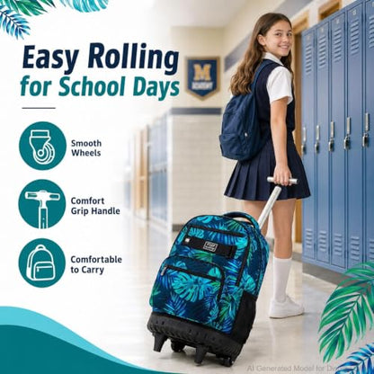 3Pcs Rolling Backpack for Men, 19 Inche Adult Bag with Roller Wheels, Wheeled Bookbag Set for Boys - Green - color: Leaf Green