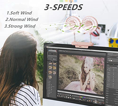 Desktop Fan with 2 Rotatable Heads, 3 Speeds, Sturdy Clamp, USB Powered Cooling Fan for Office Desk & Laptop - color: Pink