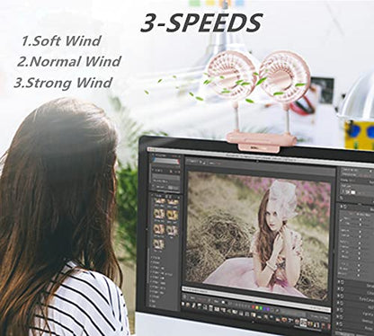 Desktop Fan with 2 Rotatable Heads, 3 Speeds, Sturdy Clamp, USB Powered Cooling Fan for Office Desk & Laptop - color: Pink