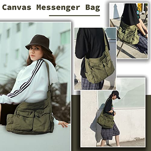 Canvas Messenger Bag Large Hobo Crossbody Bag with Multiple Pockets Casual Shoulder Tote Bag for Women and Men - color: Green 1