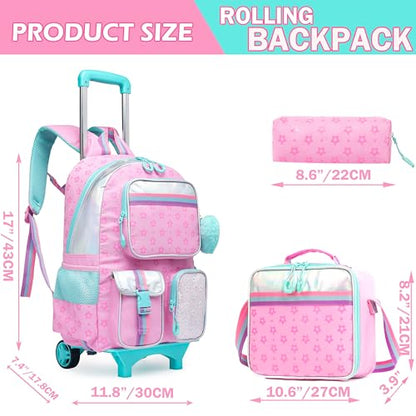 Meetbelify Pink Backpack with Wheels for Kids - Cute Carry On with Lunch Box & Pencil Case for Elementary Students - Travel Suitcase for Girls 8-10 - color: Star Pink